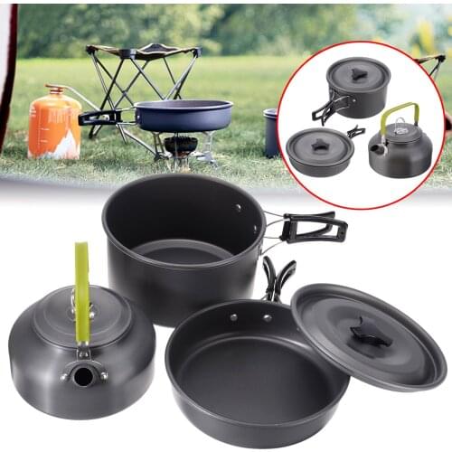 2-3 Person Outdoor Camping Cookware Cooking Pots Frying Pan Set + Kettle Durable Aluminum Camping Cookware Combination