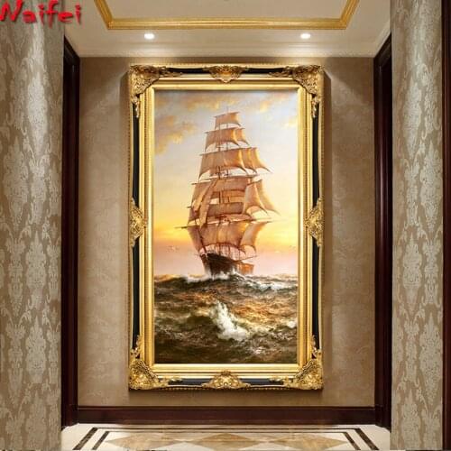 Big size Smooth Sailing Landscape DIY Crystal Full 5D Diamond Painting Cross Stitch Kits Art Mosaic Round Square Rhinestone Boat