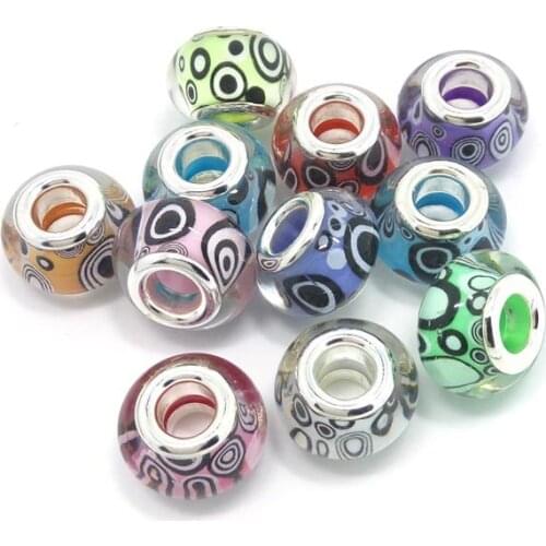 Free Shipping new 50pcs silver plated core faux glass big hole round resin mix color beads charms fit European bracelet DIY