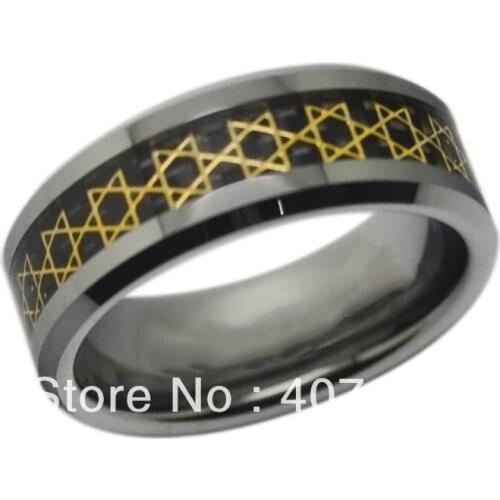 Free Shipping USA Hot Selling Newest 8MM Mens Tungsten Carbide Ring With new Golden David Star Inlay Wedding Band US Sizes 8-13