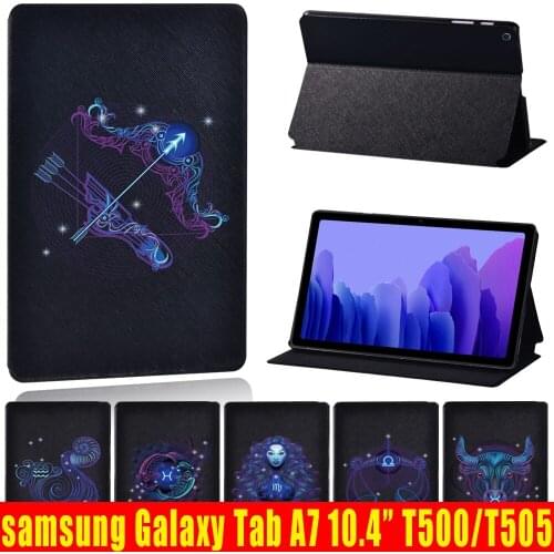 Case for Samsung Galaxy Tab A7 10.4 Inch 2020 T500/T505 Printed Black PU Leather Tablet Protector Stand Folio Cover +Free Stylus