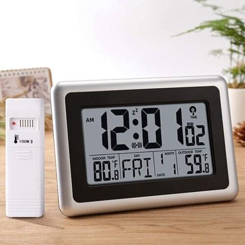 Digital Atomic Wall Clock, Desk Alarm Clock, Battery Operated With Wireless Sensor 300 Ft / 100 Meter Range, Large Lcd Display