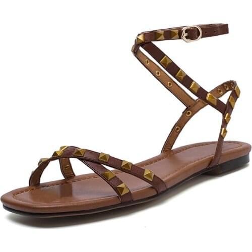 EGTPINAOP Summer New Womens Flat Shoes Sandals Roman Rivet Decoration Outdoor Casual For Beach Vintage Classic Sandals