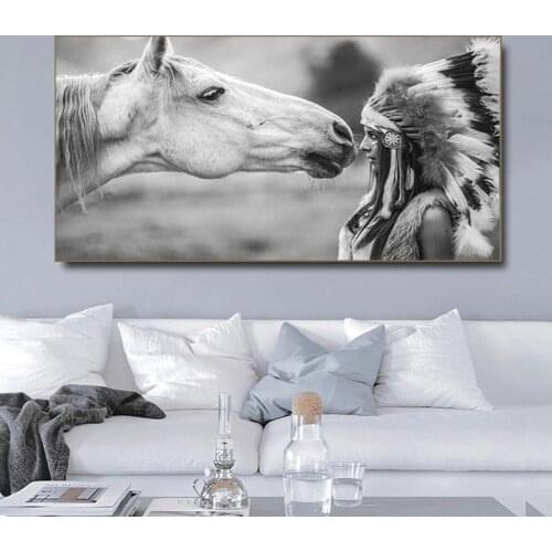 Canvas Paintings Posters Indian Woman and White Horse and Prints Wall Art Pictures Cuadros for Room Restaurant Decor Wall Decor
