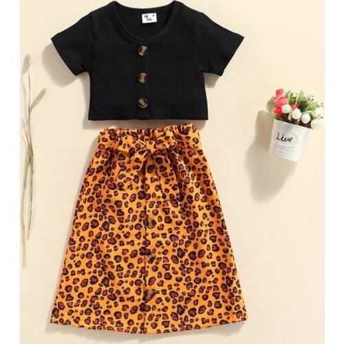 1-6Years Summer Kids Baby Girl Clothes Outfits Fashion Black Rib T-Shirt Short Sleeve Button Up Crop Top+Bow Belt Leopard Skirts