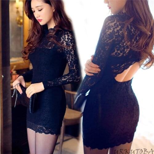 Trendy Women dress Lace Party round neck long sleeve translucence polyester backless sexy Mini Dresses one pieces