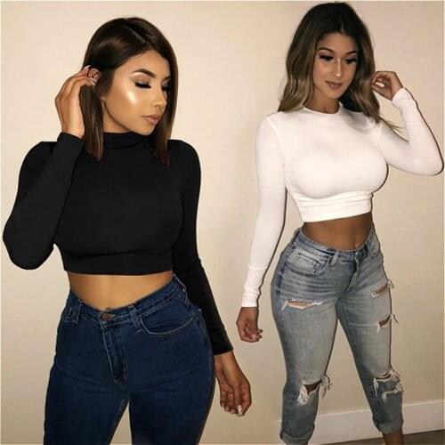 Fashion Women Long Sleeve Solid Slim Short Shirts Crop Tops Bodycon Skinny Sexy Tops Female Shirt Clubwear