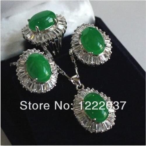 Lovely Sets natural green stone pendant necklace silver color Stud earring Ring set