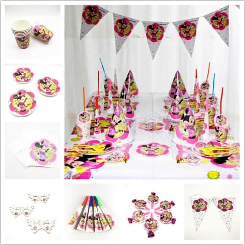 Party Supply Minnie Mouse Theme Girl Birthday Paper Cup Plate Napkin Gift Bag Blowout Wedding Festival Banner Candy Box Supply