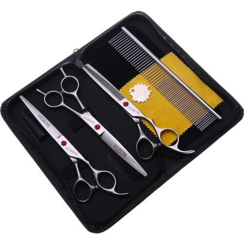 7" Professional Hair Scissors 4Pcs/Set Salon Barber Hairdressing Shears Haircut Tool Kit+Comb For Pet Grooming Silver style