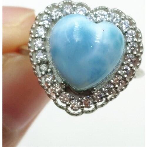 Namibia Natural Larimar Blue Heart Adjustable Ring Dominia 10x10mm Water Pattern Larimar 925 Sterling Silver AAAAAA