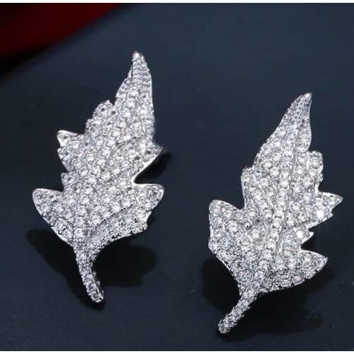 Luxury Jewelry AAA Zircon Silver needle Earrings Maple Leaf women wedding Earrings Party Gift Chirstmas Gift