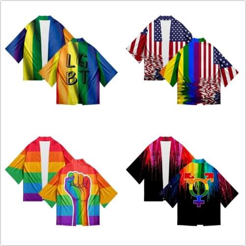 LGBT 3D Printing Japanese Kimono Haori Yukata Rainbow Flag Lesbians Gays Casual Short Sleeve Streetwear Jackets Clothes