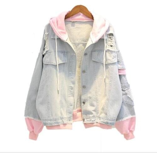 2021 Autumn Hooded Denim Jacket For Women Casual BF Jeans Jacket Holes Vintage Harajuku Coat Female Loose Streetwear Basic Coats