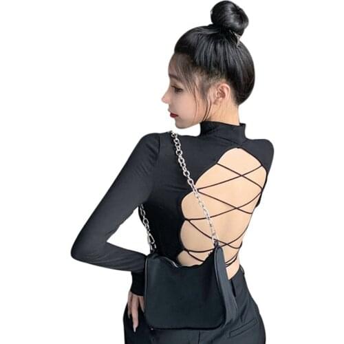Spring Summer Women Solid Half Turtleneck Backless Hollow Out Sexy Long Sleeve T-Shirt Short Tops Cross Party Club Streetwear