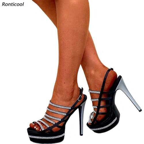 Ronticool New Handmade Women Platform Sandals Satin Rhinestone Stiletto Heels Open toe Gorgeous Black Club Shoes US Size 5-15