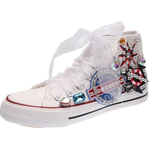 SWYIVY Hand Make High Top Canvas Shoes White Sneakes For Women 2020 Luxury Rhinestone High Top Vulcanize Sneakers Women White