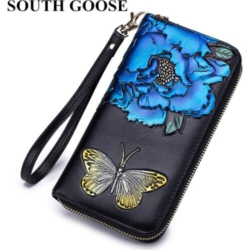 SOUTH GOOSE Brand Women Leather Wallets Fashion Embossing Zipper Long Wallet Ladies Large Capacity Wrist Strap Clutch Wallets