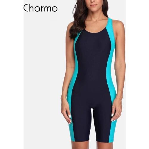 Charmo Women‘s One Piece Sports Swimwear Pro Sports Swimsuit Boyleg Beach Wear Colorblock Racerback Bathing Suits Bikini