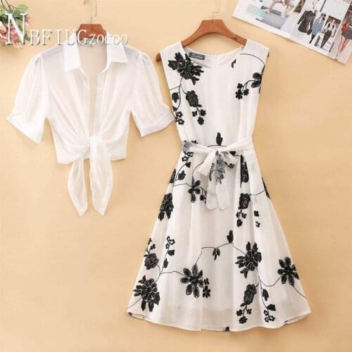 2020 Summer Retro Flower Printed Dress And Solid Color Blouse Women Sets Fashion Female Sets