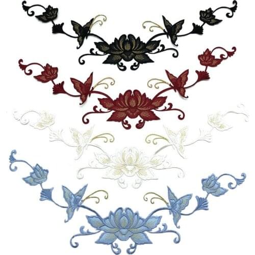 1Pc/ 39X15cm Long Floral White Black Blue Applique Clothing Embroidery Patch Fabric Sticker Iron On Patch Craft Sewing Repair