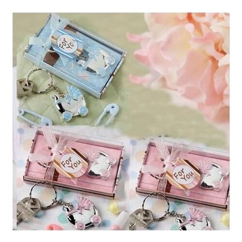 10PCS/LOT Pink/Blue Baby Carriage Design Key Chains Birth Christening Gift Keychain Favor Baby Shower Favors Souvenir