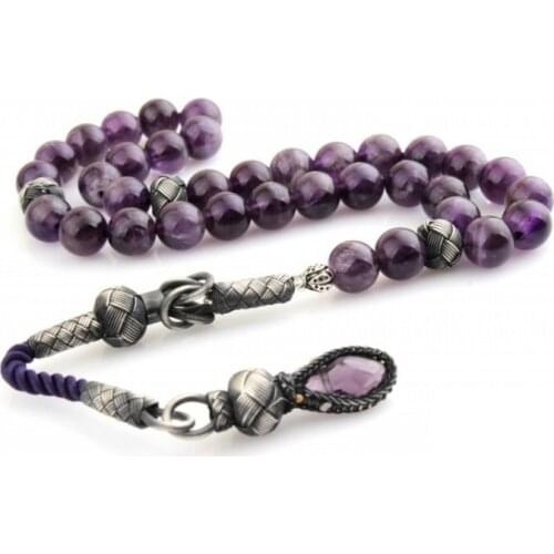 140 Beads AMETHYST Muslim Prayer Tasbih Misbaha Islamic Jewelry Subha Capsule Cut Tassel 925 Caliber Silver