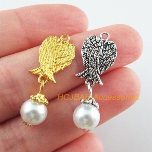 18Pcs Gold Tibetan Silver Tone Animal Wings White Glass Beads Charms Pendants 11x32mm