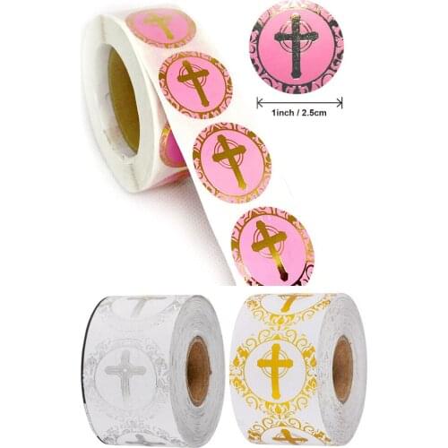 4 Styles Round Bronzing Religious Christian Cross Stickers for Christening Communion Prayer Occassions Sticker Envelope Labels