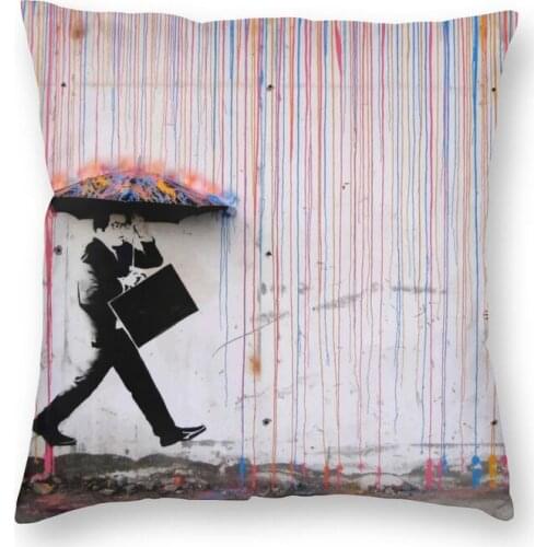 Banksy Umbrella Rainbow Happy Girl Cushion Cover Sofa Decoration Street Graffiti Pop Art Square Throw Pillow Cover 40x40