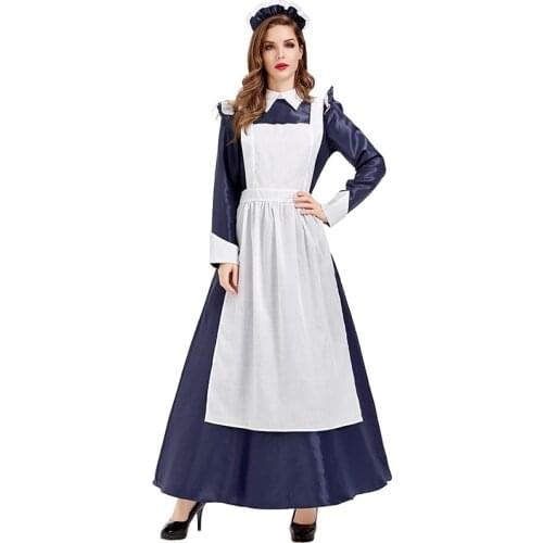 Halloween Maid Long Dress Apron Costume French Court Servant Fancy Dress Ladies Farmer Outfit