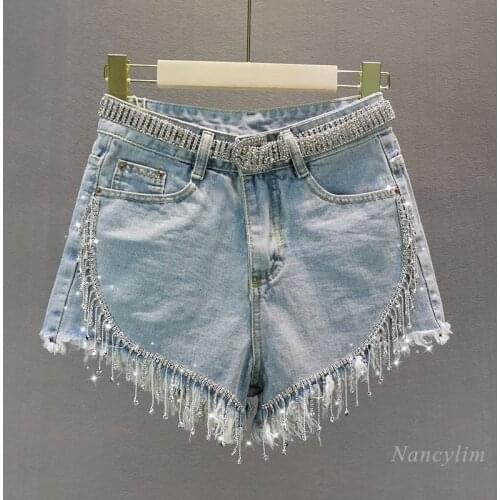Denim Shorts Women Summer Thin Fabric New Slim Fit Heavy Work Rhinestone Fringed Burr Hot Pants Blue Harajuku Nancylim