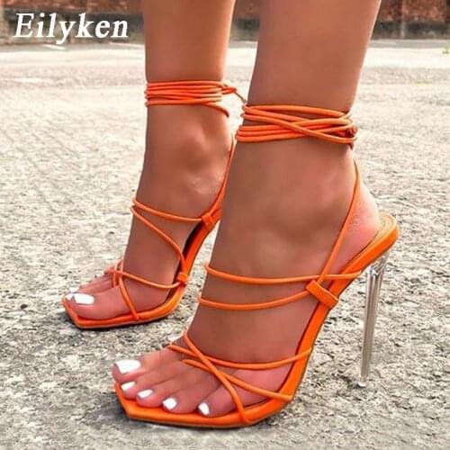 Eilyken 2021 New Summer Fashion Gladiator Women Sandals Narrow Band Ankle Strap Clear Perspex High Heels Ladies Square Toe Shoes