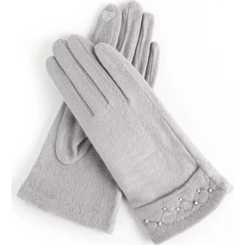 Fashion Women Autumn Winter Warm Cashmere Acrylic Touch Screen Gloves Female Thin Pearl Bow Embroidery Driving Glove D90