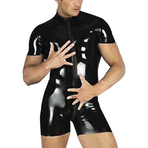 Mens Wetlook Bodysuit Sexy Front Zipper Metallic Shiny PVC Latex Catsuit Black Red Halloween Zentai Suit Fetish Sexy Costumes