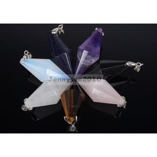 Natural Gems Stone 12 Faceted Pointed Reiki Chakra Pendant Charms Silver Plated 5Pcs/Pack