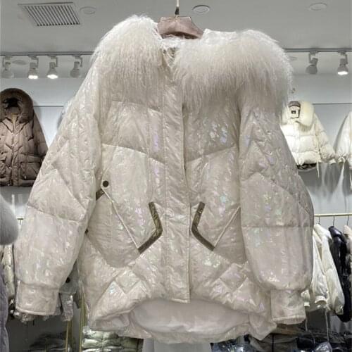 2021 New Glossy Down Jacket Womens Thick Fashion High Quality European Large Lamb Fur Collar Stitching Puffer Parka Coats Female