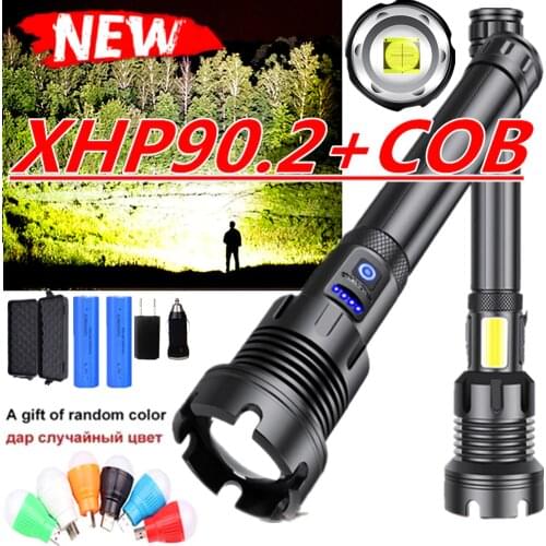Most Powerful Light XHP90.2 LED+COB flashlight USB Zoomable Torch 3 modes lamp 18650 26650 Rechargeable Battery for Camping