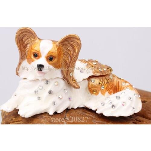 PAPILLON PEWTER BEJEWELED HINGED TRINKET BOX Papillon Dog Figurine Rhinestone Enamel Trinket Hinged Gift jewelry Box