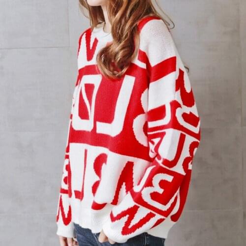 Women Knitted Pullover Oversized Sweater 2021 Autumn Red Korean Elegant Fashion Letter Printing Harajuku Jumpers Vintage Sweater