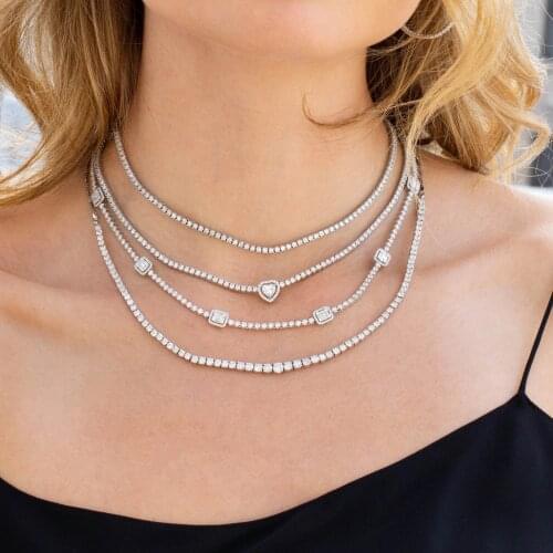 2021 NEW Punk rock Iced Out Bling 3MM Zircon CZ Tennis Chain Choker Necklaces With Heart Charm Pendant For Women Hip Hop Jewelry