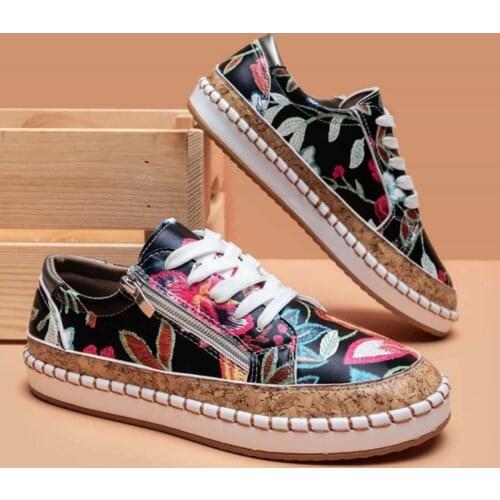New Popular Womens Shoes Plus Size Color Matching and Printing Lace-up Flat Shoes Womens Casual Shallow Mouth Womens Sneakers