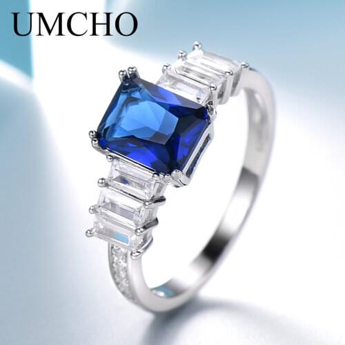 UMCHO Rectangle Blue Gemsrtome Rings 100% Genuine 925 Sterling Silver Ring for Women Jewelry Birthday Gift Fine Jewelry