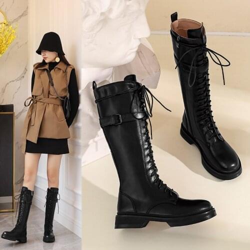 Women Knee High Boots Winter And Autumn Knee High Shoes Big Size Black Genuine Pu Women Zipper Round Toe Boots 34-40