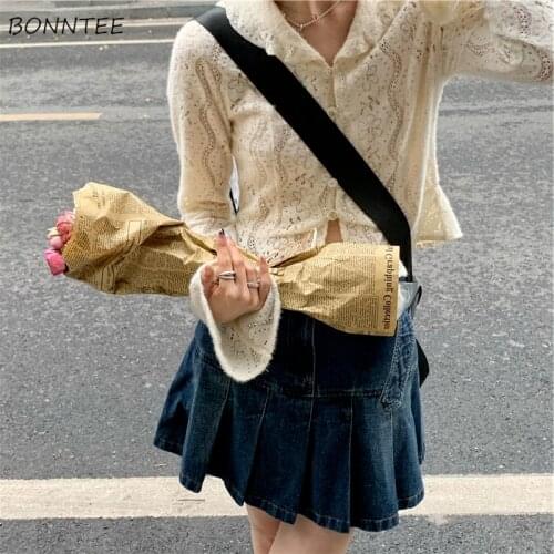 Cardigan Women Knitting Simple Japanese Style Single Breasted Peter Pan Collar Apricot Flare Sleeve Sweet All-match Hollow Out
