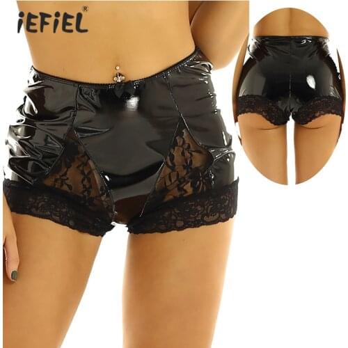 Womens Sexy Lingerie Sissy Panties Wet Look Patent Leather Shorts Briefs High Waist Full Coverage Panty Latex Panties Underwear