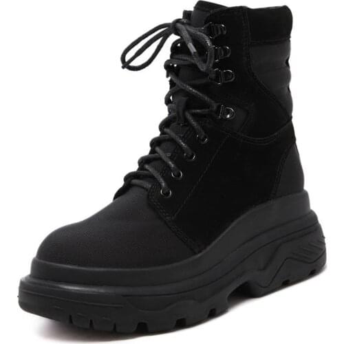 Motorcycle Platform Boots Women 2020 New Winter Plush Lace-Up Ankle Boots High Quality Leather Fashion Black Military Boots