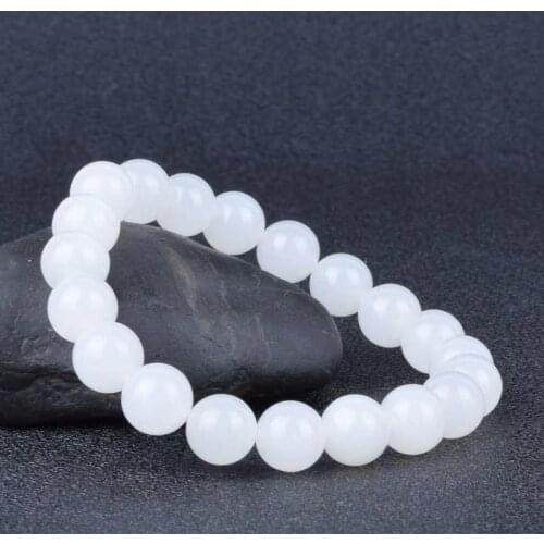 Genuine Natural White Jade Bracelet Women Men Round Jades Stone Beads Elastic Beaded Bracelets Fine Jewelry Bangle Accessories