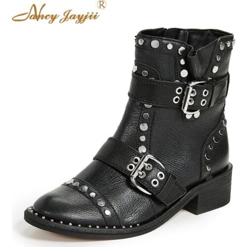 Black Motorcycles Boots Woman Ankle Bota Female Shoes Luxury Rivets Buckle Strap Plush Low Chunky Heels Big Size 45 43 44
