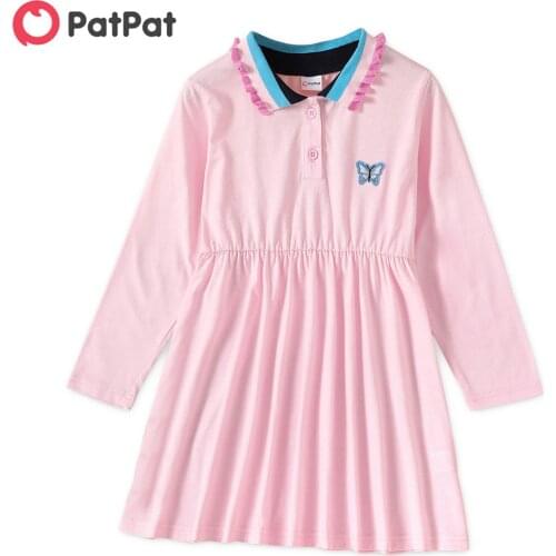 PatPat Kid Girl Striped Lapel Collar Butterfly Embroidery Button Design Pleated Long-sleeve Dress